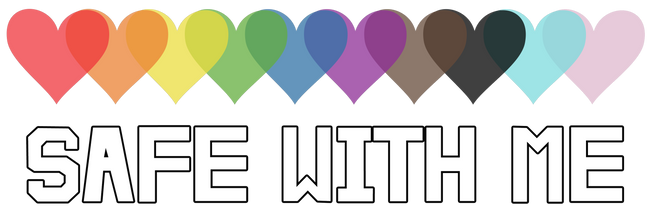 Rainbow hearts and the words “safe with me”